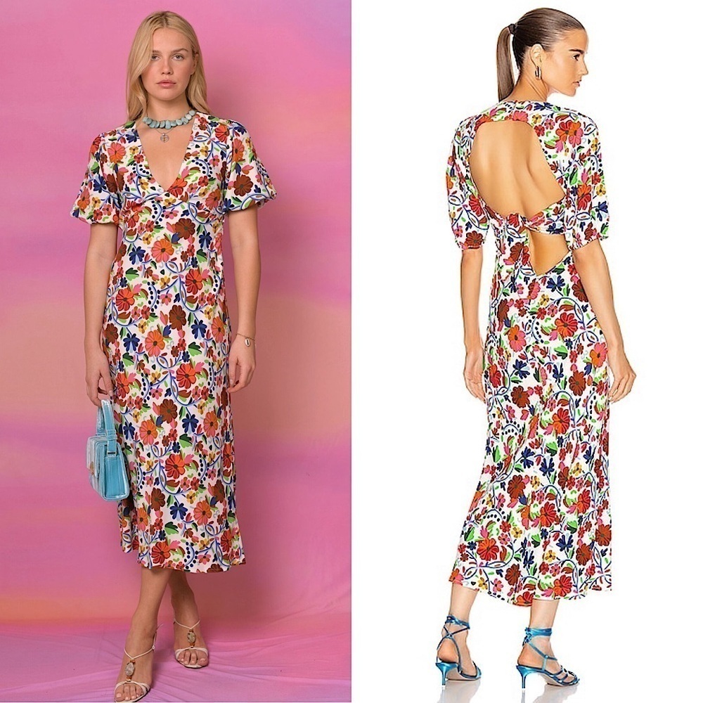 RIXO Floral Print Crepe Short Sleeve V-Neck Tied Cutout Open Back‎ Midi Dress XS